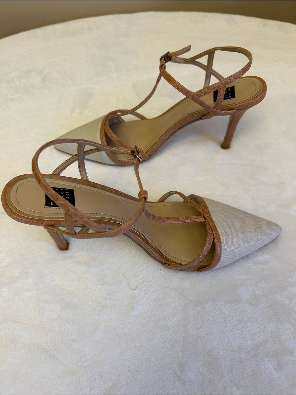 White House Black Market Holly Vachetta Linen Croco Strappy Heels Size 7.5 - Picture 2 of 6